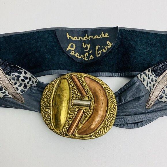 Vtg Mexican Mixed Metal Brass Copper Hand Crafted Belt Buckle Leather Patchwork - Picture 2 of 10